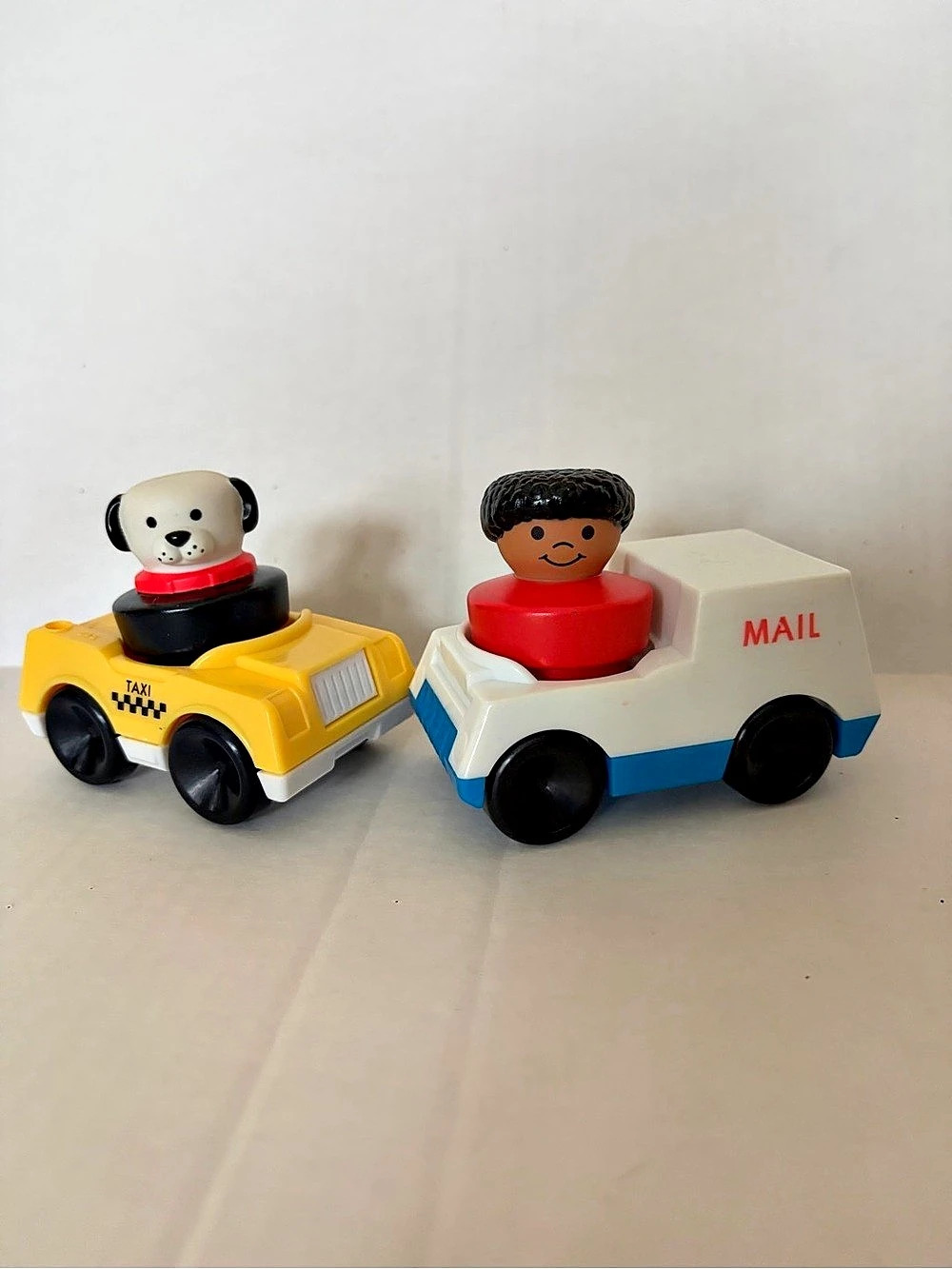 Fisher-Price Vintage Little People Taxi and Mail Truck Toy Vehicles Set